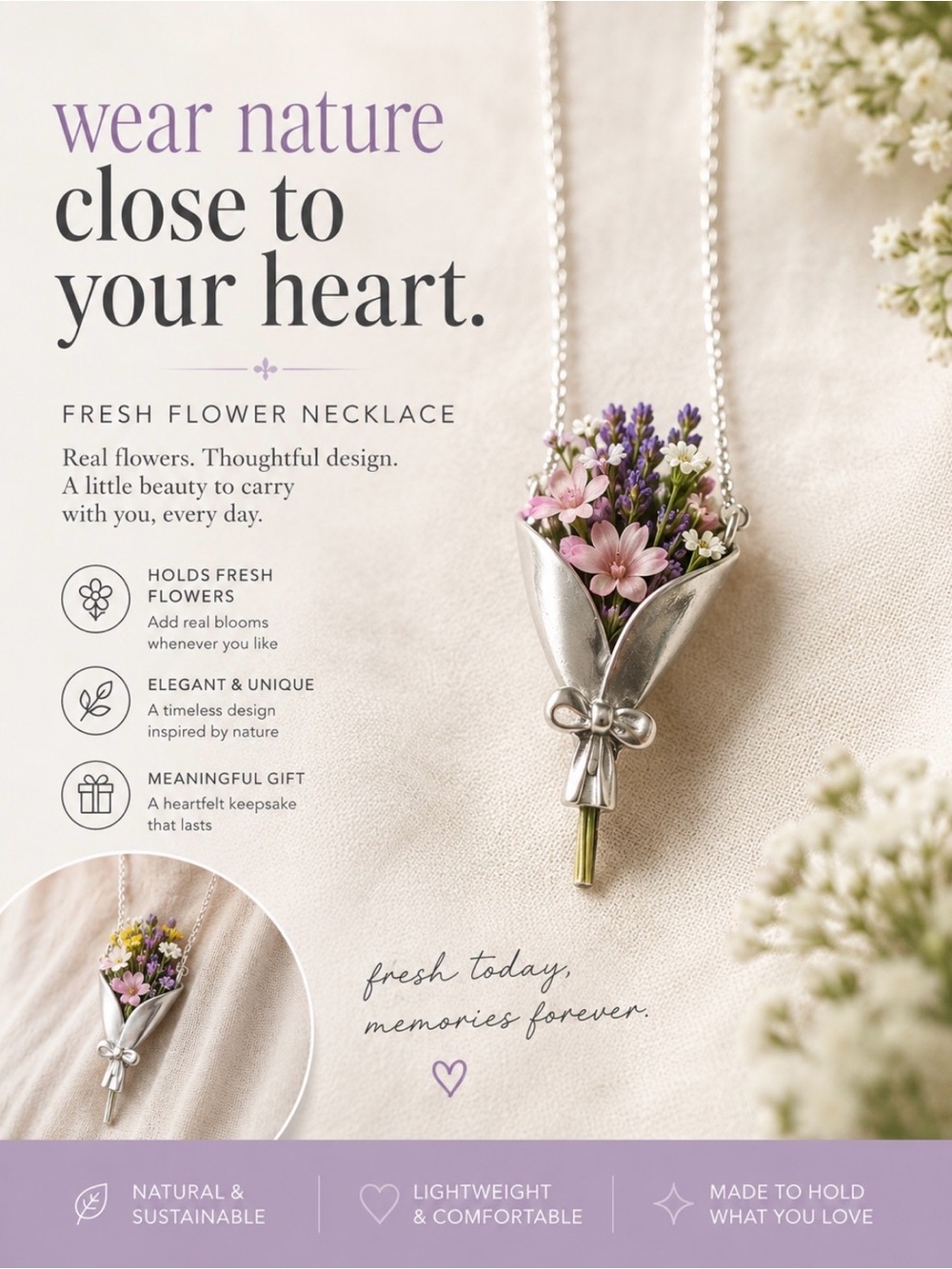 Fresh Flower Bouquet Pendant Necklace - Silver with Pink & Lavender Accents